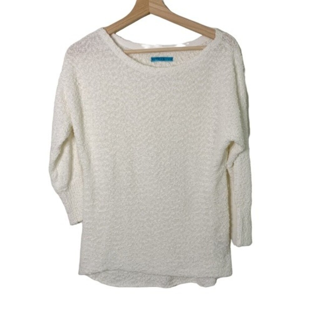 Alice + Olivia White Popcorn Textured Crewneck Sweater Size M 3/4 Sleeve